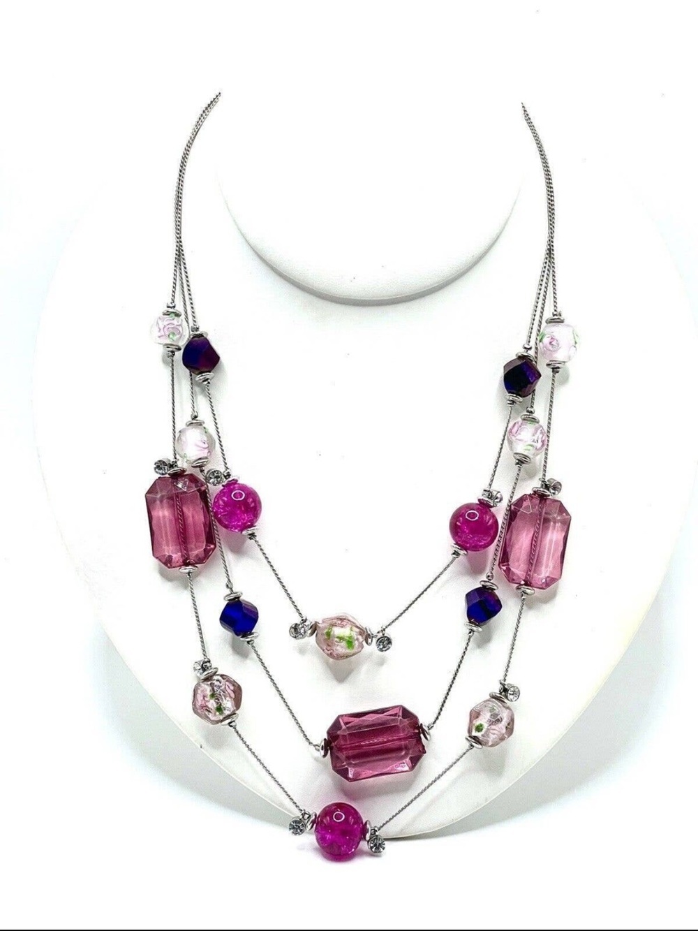 Murano Sommerso Venetian Pinks Purples Rose Three Strand Necklace Vintage Unique
